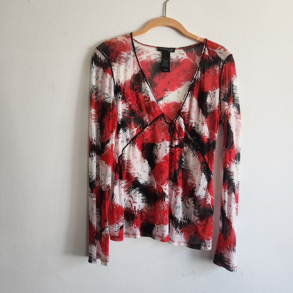Kenneth Cole red black sheer mesh embroidery floral babydoll M fairy grunge‎ Y2K